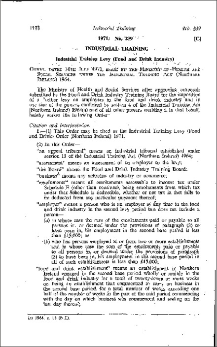 The Industrial Training Levy (Food and Drink) Order (Northern Ireland) 1971