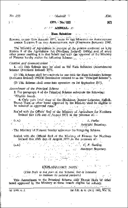The Ram Subsidies (Amendment) Scheme (Northern Ireland) 1971