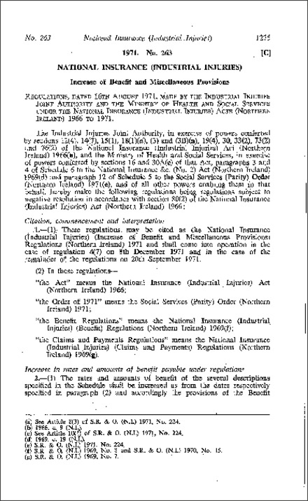 The National Insurance (Industrial Injuries) (Increase of Benefit and Miscellaneous Provisions) Regulations (Northern Ireland) 1971