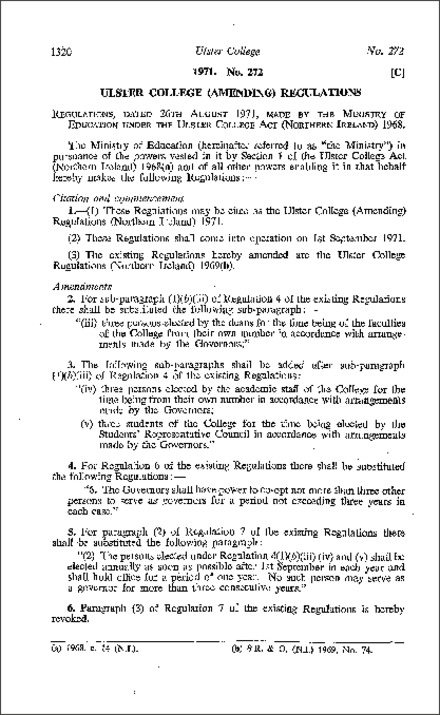 The Ulster College (Amendment) Regulations (Northern Ireland) 1971