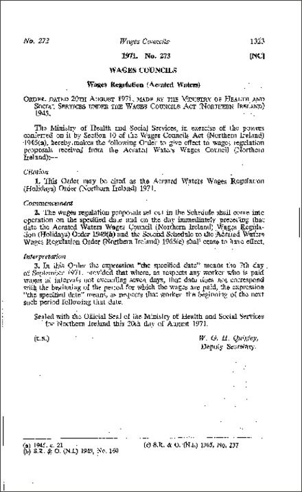 The Aerated Waters Wages Regulation (Holidays) Order (Northern Ireland) 1971