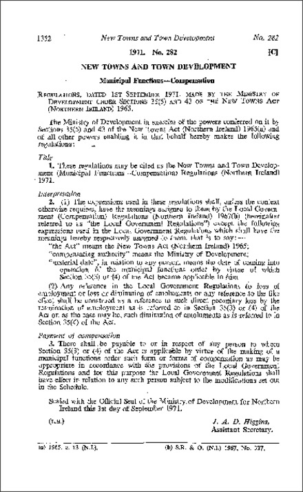 The New Towns and Town Development (Municipal Functions - Compensation) Regulations (Northern Ireland) 1971