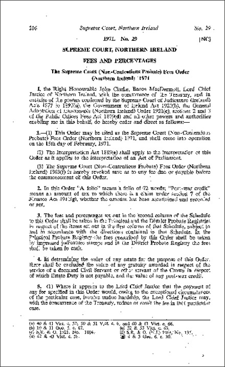 The Supreme Court (Non Contentious Probate) Fees Order (Northern Ireland) 1971