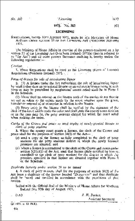 The Licensing (Forms of Licence) Regulations (Northern Ireland) 1971