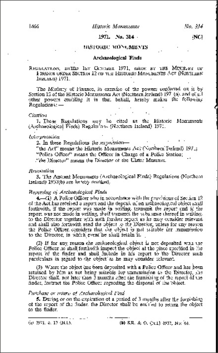 The Historic Monuments (Archaeological Funds) Regulations (Northern Ireland) 1971