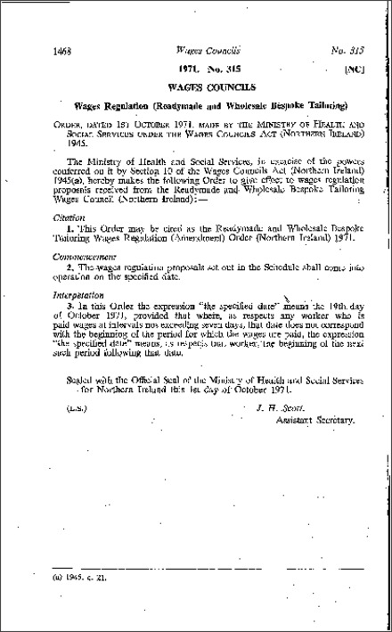 The Readymade and Wholesale Bespoke Tailoring Wages Regulations (Amendment) Order (Northern Ireland) 1971