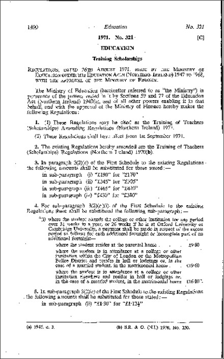 The Training of Teachers (Scholarships) Amendment Regulations (Northern Ireland) 1971