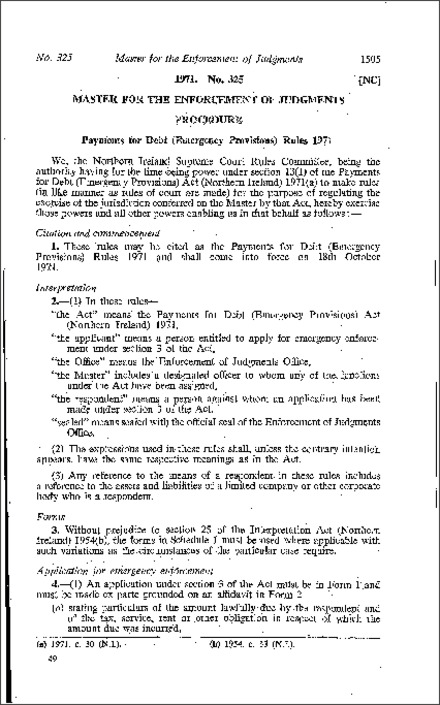 The Payments for Debt (Emergency Provisions) Rules (Northern Ireland) 1971