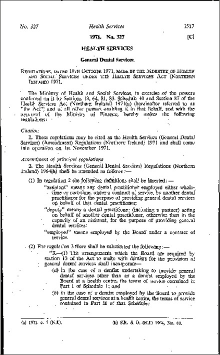 The Health Services (General Dental Services) (Amendment) Regulations (Northern Ireland) 1971