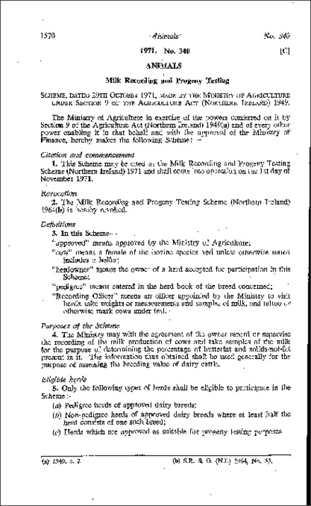 The Milk Recording and Progeny Testing Scheme (Northern Ireland) 1971