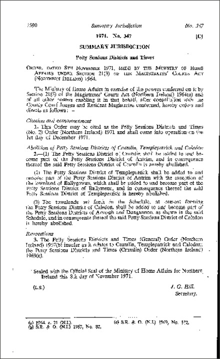 The Petty Sessions Districts and Times (No. 2) Order (Northern Ireland) 1971