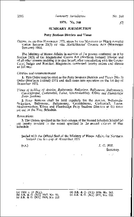 The Petty Sessions Districts and Times (No. 3) Order (Northern Ireland) 1971