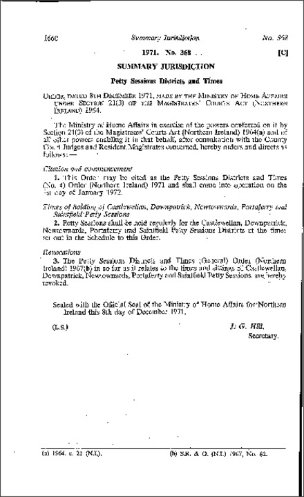 The Petty Sessions Districts and Times (No. 4) Order (Northern Ireland) 1971