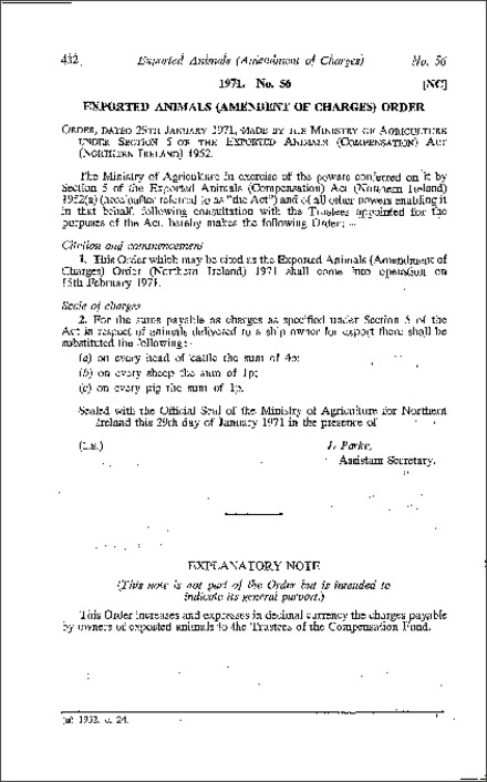 The Exported Animals (Amendment of Charges) Order (Northern Ireland) 1971