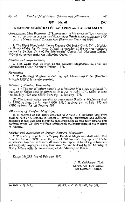 The Resident Magistrates (Salaries and Allowances) Order (Northern Ireland) 1971