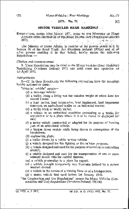 The Motor Vehicles (Rear Markings) Regulations (Northern Ireland) 1971