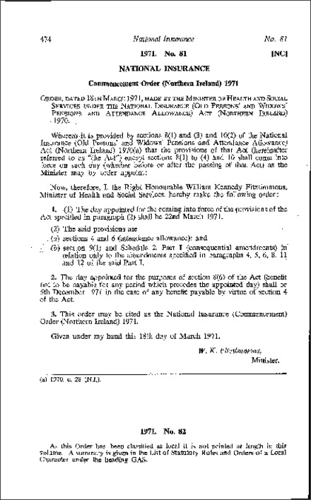 The National Insurance (Commencement) Order (Northern Ireland) 1971