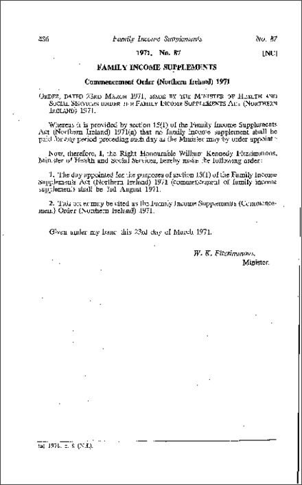 The Family Income Supplements (Commencement) Order (Northern Ireland) 1971