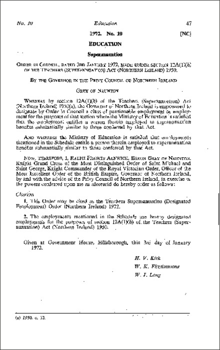 The Teachers Superannuation (Designated Employment) Order (Northern Ireland) 1972