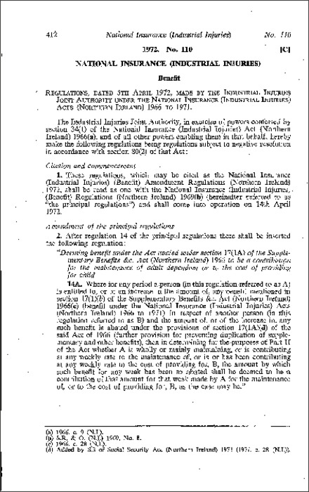 The National Insurance (Industrial Injuries) (Benefit) Amendment Regulations (Northern Ireland) 1972