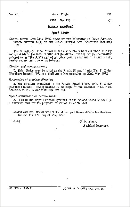 The Roads (Speed Limit) (No. 2) Order (Northern Ireland) 1972