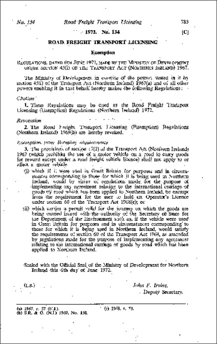 The Road Freight Transport Licensing (Exemption) Regulations (Northern Ireland) 1972