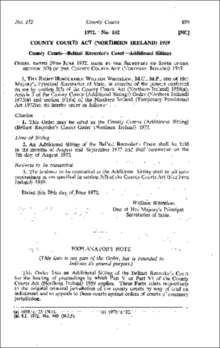 The County Courts (Additional Sittings) (Belfast Recorder's Court) Order (Northern Ireland) 1972