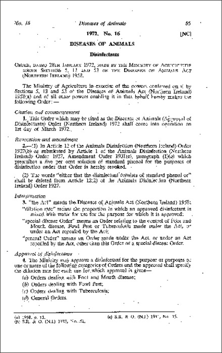 The Diseases of Animals (Approval of Disinfectants) Regulations (Northern Ireland) 1972