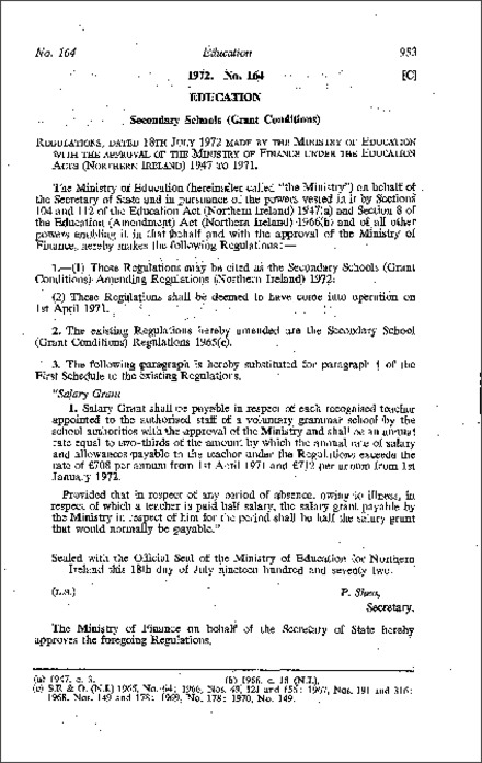 The Secondary Schools (Grant Conditions) Amendment Regulations (Northern Ireland) 1972