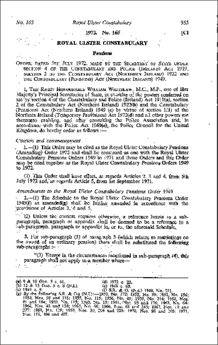 The Royal Ulster Constabulary Pensions (Amendment) Order (Northern Ireland) 1972