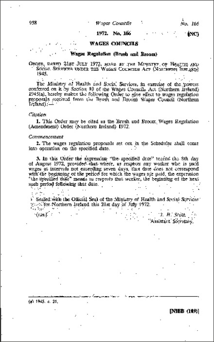 The Brush and Broom Wages Regulation (Amendment) Order (Northern Ireland) 1972