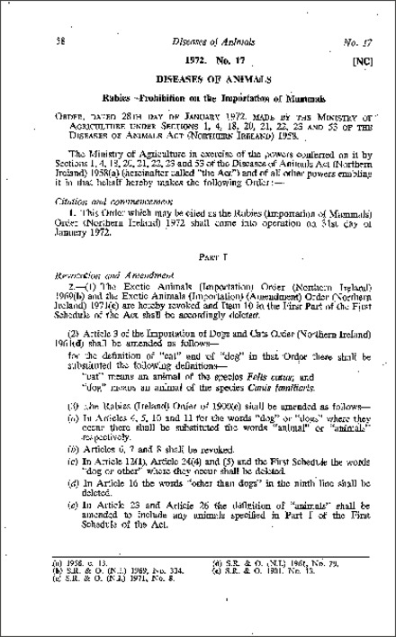 The Rabies (Importation of Mammals) Order (Northern Ireland) 1972