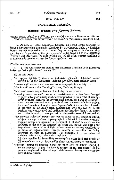 The Industrial Training Levy (Catering Industry) Order (Northern Ireland) 1972