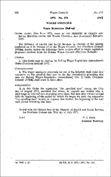 The Baking Wages Regulation (Amendment) Order (Northern Ireland) 1972