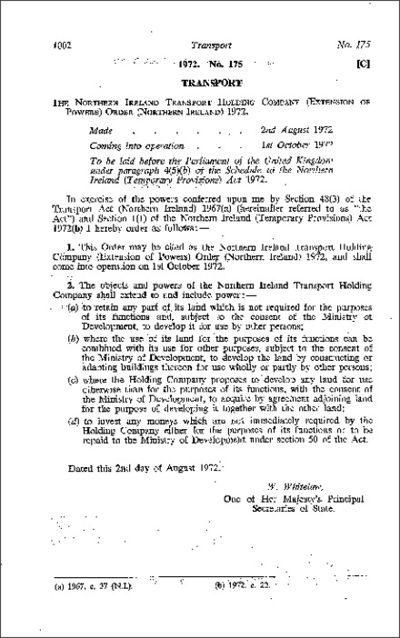 The Northern Ireland Transport Holdings Company (Extension of Powers) Order (Northern Ireland) 1972