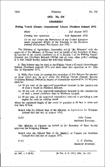 The Fishing Vessels (Grants) (Amendment) Scheme (Northern Ireland) 1972