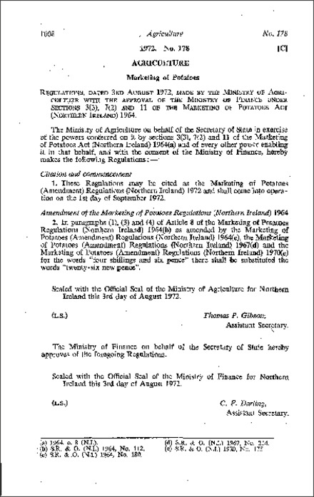 The Marketing of Potatoes (Amendment) Regulations (Northern Ireland) 1972