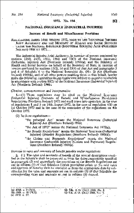 The National Insurance (Industrial Injuries) (Increase of Benefit and Miscellaneous Provisions) Regulations (Northern Ireland) 1972