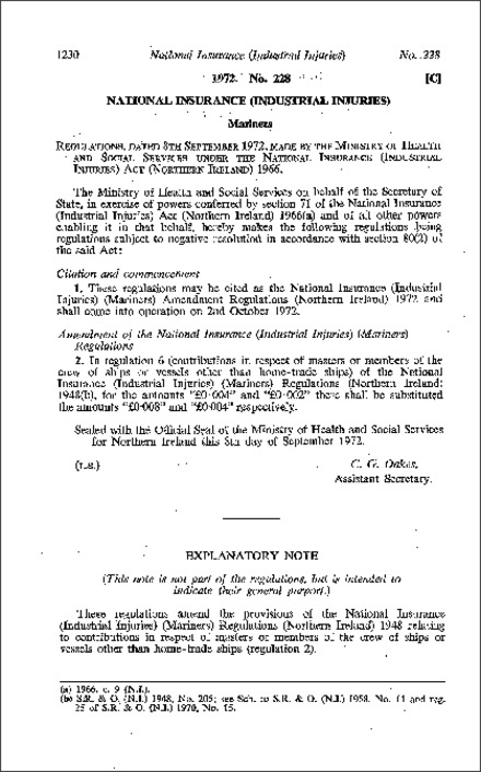 The National Insurance (Industrial Injuries) (Mariners) Amendment Regulations (Northern Ireland) 1972