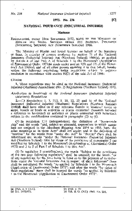 The National Insurance (Industrial Injuries) (Mariners) Amendment (No. 2) Regulations (Northern Ireland) 1972