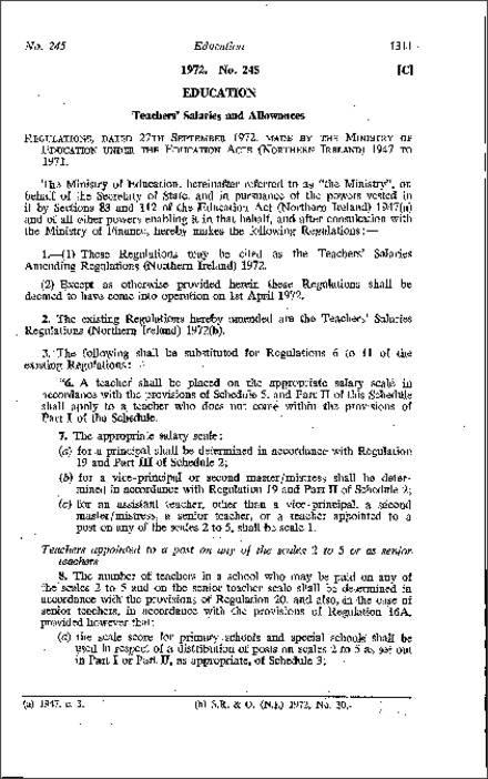 The Teachers' Salaries Amendment Regulations (Northern Ireland) 1972