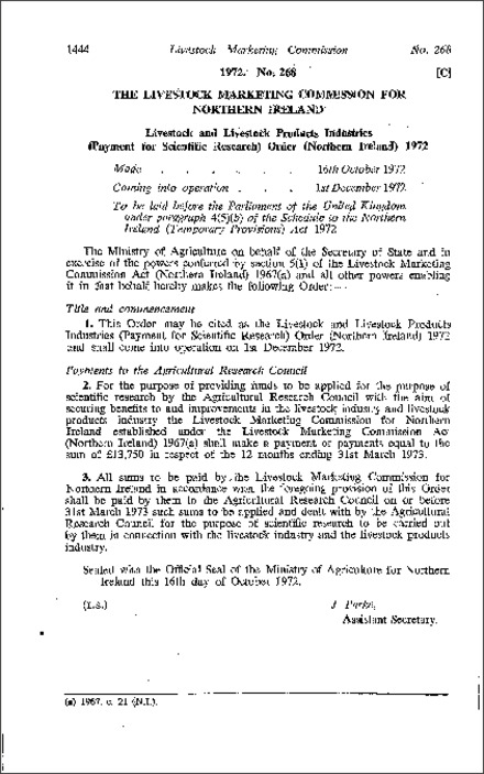 The Livestock and Livestock Products Industries (Payment for Scientific Research) Order (Northern Ireland) 1972