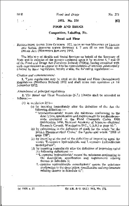 The Bread and Flour (Amendment) Regulations (Northern Ireland) 1972