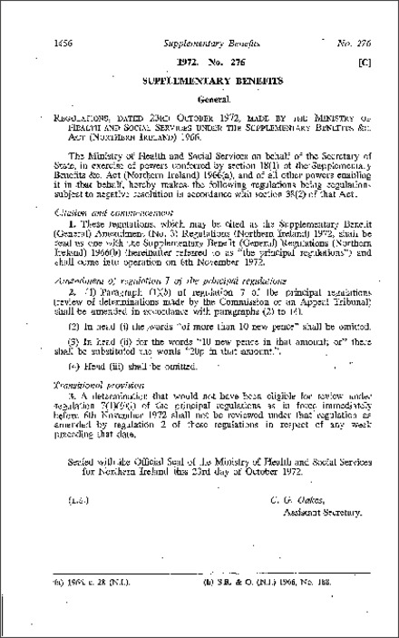 The Supplementary Benefit (General) Amendment (No. 3) Regulations (Northern Ireland) 1972