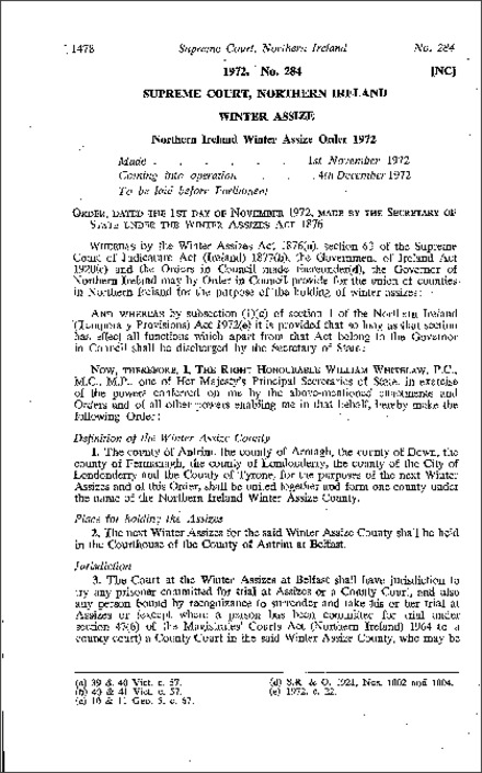 The Northern Ireland Winter Assize Order (Northern Ireland) 1972