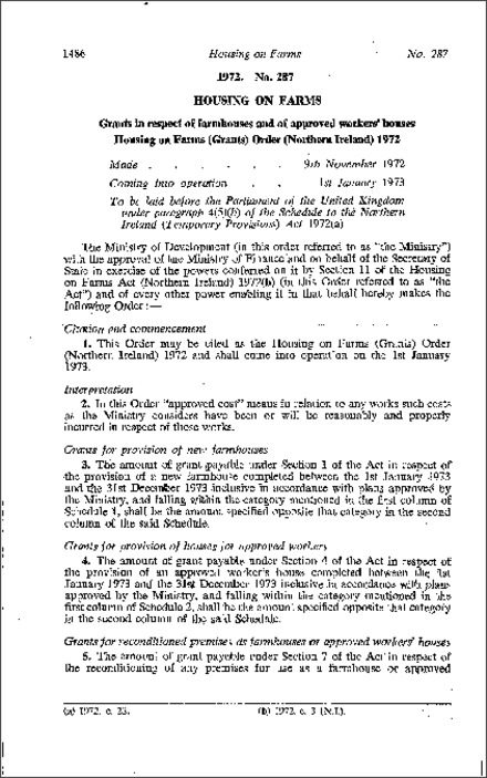 The Housing on Farms (Grants) Order (Northern Ireland) 1972