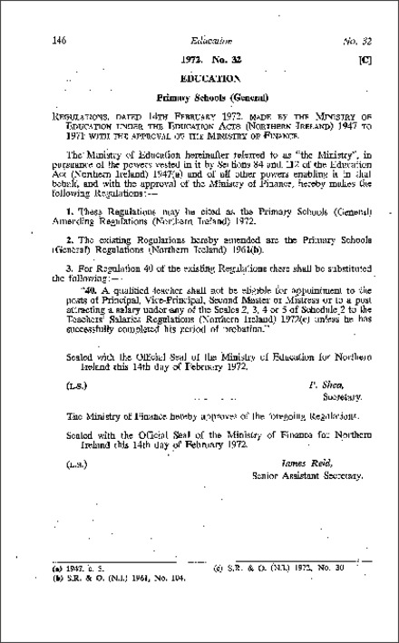 The Primary Schools (General) Amendment Regulations (Northern Ireland) 1972