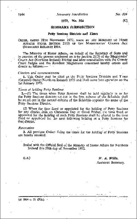 The Petty Sessions Districts and Times (General) Order (Northern Ireland) 1972