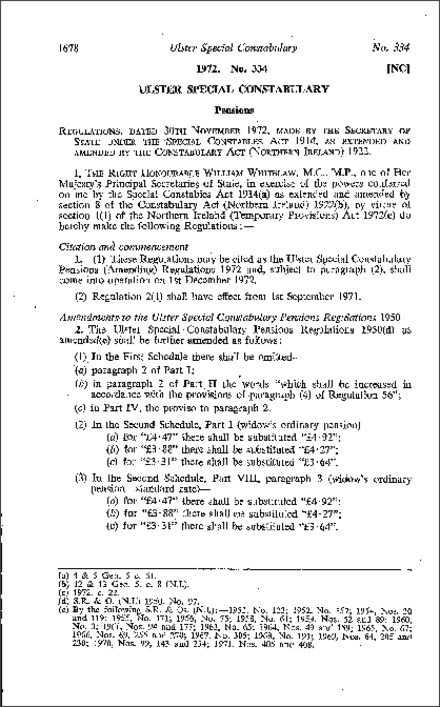 The Ulster Special Constabulary Pensions (Amendment) Regulations (Northern Ireland) 1972