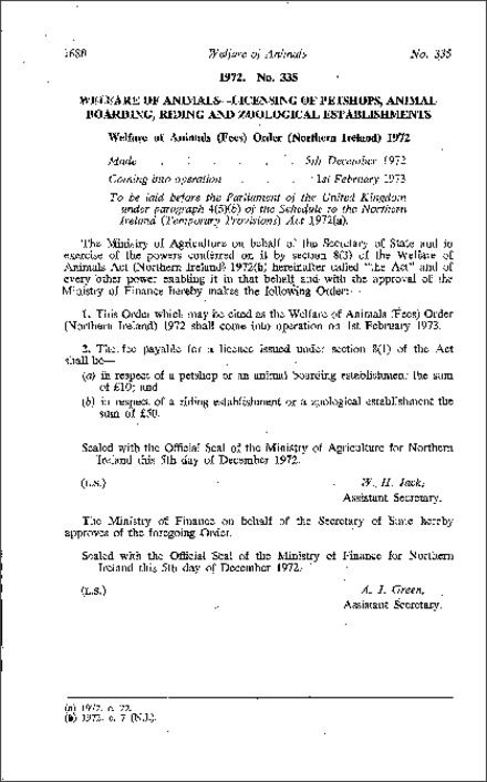 The Welfare of Animals (Fees) Order (Northern Ireland) 1972